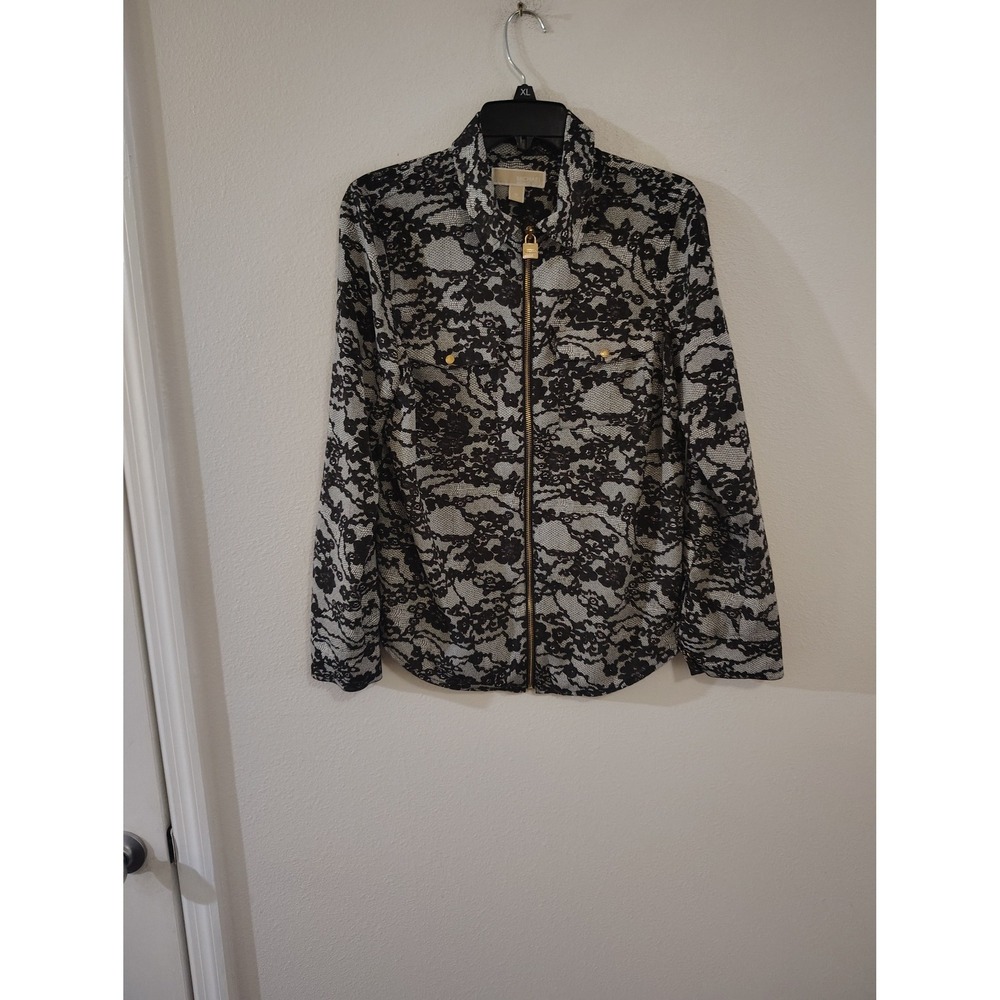 Michael Michael Kors Womens Black White Floral Lace Zip Up Jacket Padlock Size M